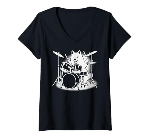 Damen Samojede, Schlagzeuger, Hundeliebhaber T-Shirt mit V-Ausschnitt Damen Samojede, Schlagzeuger, Hundeliebhaber T-Shirt mit V-Ausschnitt von Funny Samoyed Rock And Roll Dog Designs