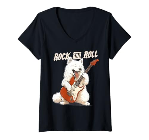 Damen Samojede, spielt Gitarre Rock and Roll Hundeliebhaber T-Shirt mit V-Ausschnitt Damen Samojede, spielt Gitarre Rock and Roll Hundeliebhaber T-Shirt mit V-Ausschnitt von Funny Samoyed Rock Music Dog Designs