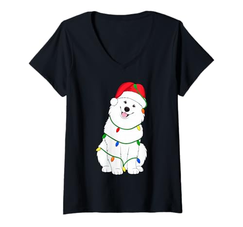 Damen Samoyed Weihnachtsbaum-Lichter für Hundeliebhaber T-Shirt mit V-Ausschnitt Damen Samoyed Weihnachtsbaum-Lichter für Hundeliebhaber T-Shirt mit V-Ausschnitt von Funny Samoyed Xmas Tree Dog Designs
