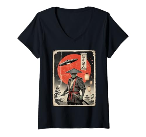 Damen UFO-Krieger, Ukiyo-e, japanischer UFO-Krieger, im Vintage-Stil T-Shirt mit V-Ausschnitt von Funny Samurai Alien UFO Japan Art Gifts