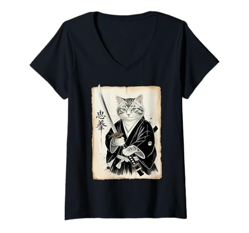 Damen Samurai Katze Lustig Vintage Ukiyo-e Art Warrior Japanisch Japan T-Shirt mit V-Ausschnitt Damen Samurai Katze Lustig Vintage Ukiyo-e Art Warrior Japanisch Japan T-Shirt mit V-Ausschnitt von Funny Samurai Cat Ninja Gifts