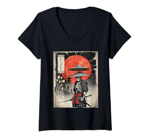 Damen Samurai Skelett Japan Japanischer Krieger UFO Ukiyo-e Kunst T-Shirt mit V-Ausschnitt von Funny Samurai Japan Japanese Sci-fi Gifts