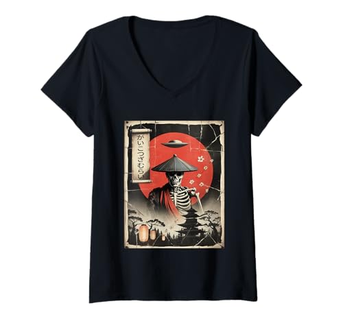 Damen Vintage UFO Alien Samurai Skelett Japan Funny Ukiyo-e Art T-Shirt mit V-Ausschnitt Damen Vintage UFO Alien Samurai Skelett Japan Funny Ukiyo-e Art T-Shirt mit V-Ausschnitt von Funny Samurai Japanese Gifts
