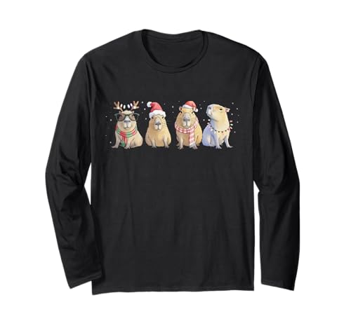 Süße Capybara Weihnachten Santa Funny Capybara Xmas Men Kids Langarmshirt von Funny Santa Capybara Christmas Lights Xmas