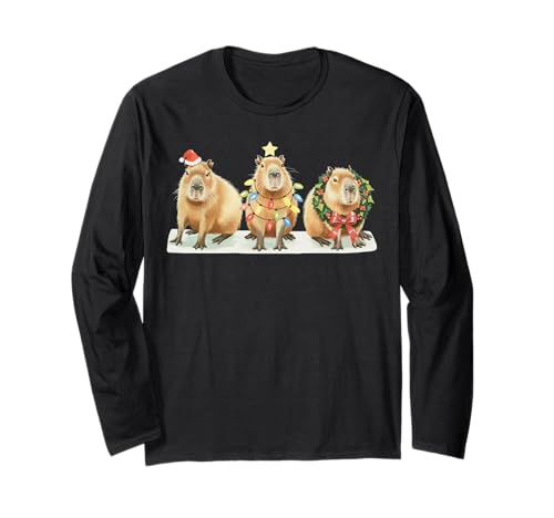 Süße Capybara Weihnachtsmann Xmas Capybara Männer Frauen Kinder Langarmshirt von Funny Santa Capybara Christmas Lights Xmas