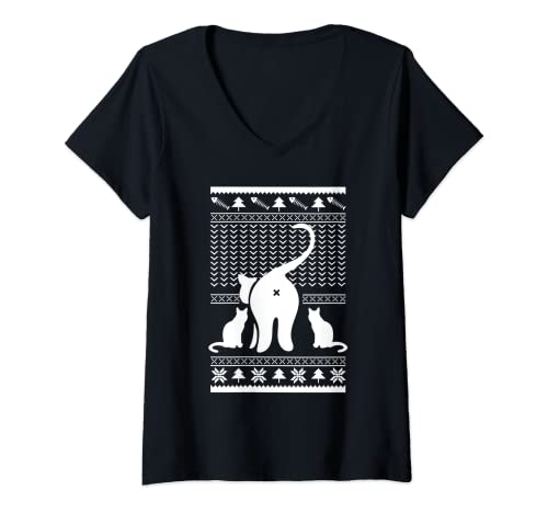 Damen Katzenhintern hässlicher Weihnachtspullover Design Lustiges Kätzchen Katzen T-Shirt mit V-Ausschnitt von Funny Santa Christmas Apparel