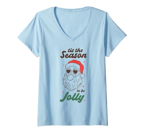 Damen Coole Weihnachtsmann Bubble Gum Herz Brille Lustige Weihnachten T-Shirt mit V-Ausschnitt Damen Coole Weihnachtsmann Bubble Gum Herz Brille Lustige Weihnachten T-Shirt mit V-Ausschnitt von Funny Santa Christmas Humor Holiday Graphic Tees