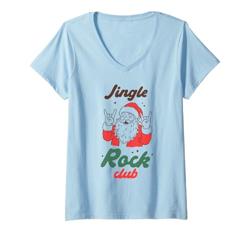 Damen Jingle Rock Club Weihnachtsmann Urlaub Party Rock Musik Weihnachten T-Shirt mit V-Ausschnitt Damen Jingle Rock Club Weihnachtsmann Urlaub Party Rock Musik Weihnachten T-Shirt mit V-Ausschnitt von Funny Santa Christmas Humor Holiday Graphic Tees