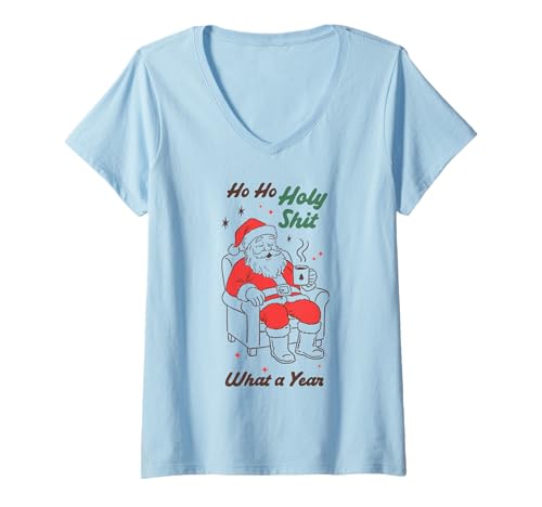 Damen Lustige Weihnachtsmann-Grafik Ho Ho Holy Wow What a Year T-Shirt mit V-Ausschnitt Damen Lustige Weihnachtsmann-Grafik Ho Ho Holy Wow What a Year T-Shirt mit V-Ausschnitt von Funny Santa Christmas Humor Holiday Graphic Tees