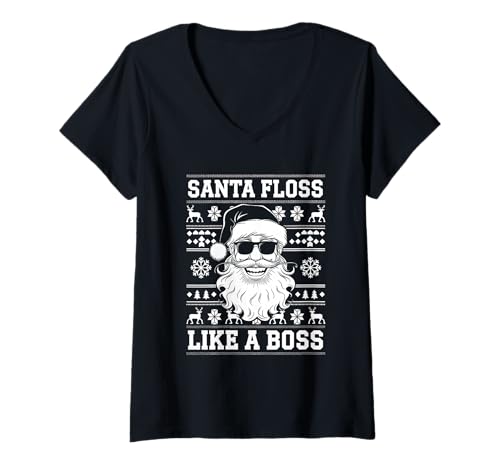 Damen Santa Floss Like Boss Lustiger Weihnachtsfeiertag T-Shirt mit V-Ausschnitt Damen Santa Floss Like Boss Lustiger Weihnachtsfeiertag T-Shirt mit V-Ausschnitt von Funny Santa Claus