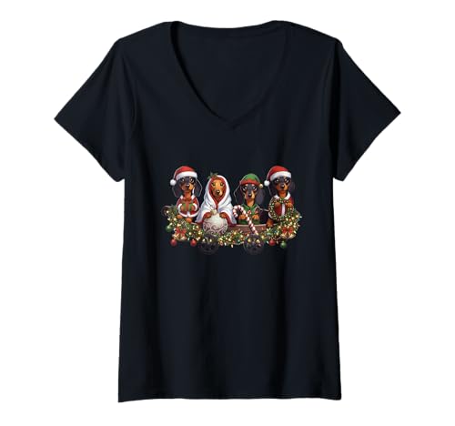Damen Dackel Hund Santa Xmas Wiener Matching Family T-Shirt mit V-Ausschnitt von Funny Santa Men Women Kids Dog Lover