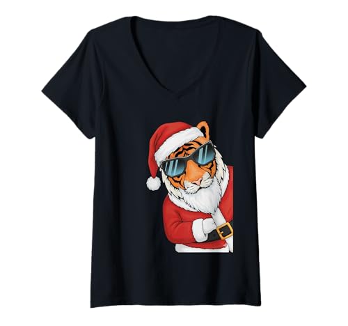 Damen Tiger Santa mit Sonnenbrille Xmas Jungen Mädchen T-Shirt mit V-Ausschnitt von Funny Santa Men Women Kids Tiger Christmas Party