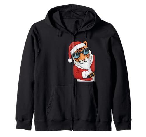 Tiger Santa mit Sonnenbrille Xmas Jungen Mädchen Kapuzenjacke Tiger Santa mit Sonnenbrille Xmas Jungen Mädchen Kapuzenjacke von Funny Santa Men Women Kids Tiger Christmas Party