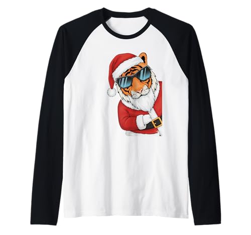 Tiger Santa mit Sonnenbrille Xmas Jungen Mädchen Raglan von Funny Santa Men Women Kids Tiger Christmas Party