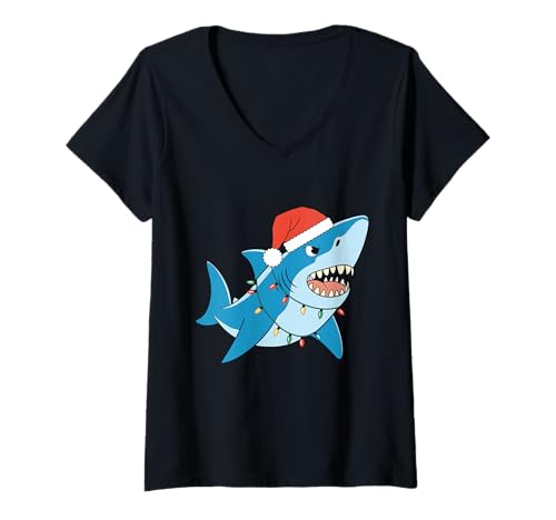Damen Santa Shark Christmas Lights Sharkmas Tree Xmas T-Shirt für Jungen und Herren T-Shirt mit V-Ausschnitt Damen Santa Shark Christmas Lights Sharkmas Tree Xmas T-Shirt für Jungen und Herren T-Shirt mit V-Ausschnitt von Funny Santa Shark Christmas