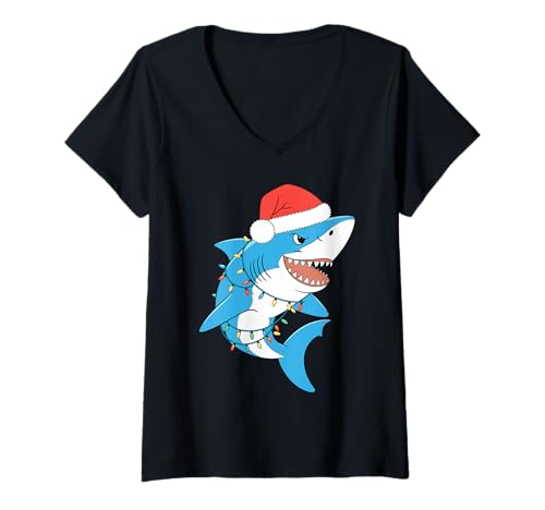 Damen Santa Shark Christmas Lights Sharkmas Tree Xmas T-Shirt für Jungen und Herren T-Shirt mit V-Ausschnitt Damen Santa Shark Christmas Lights Sharkmas Tree Xmas T-Shirt für Jungen und Herren T-Shirt mit V-Ausschnitt von Funny Santa Shark Christmas