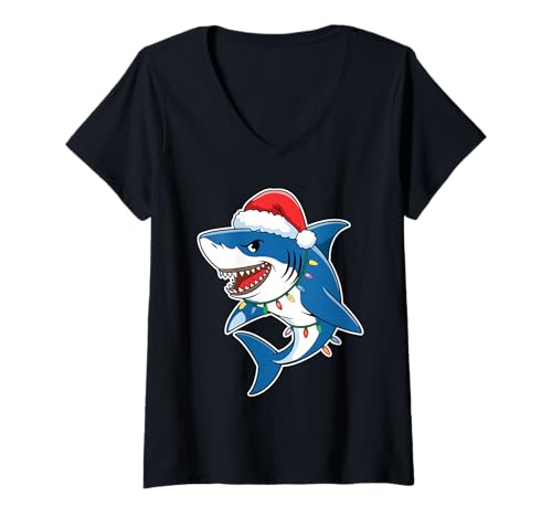 Damen Santa Shark Christmas Lights Sharkmas Tree Xmas T-Shirt für Jungen und Herren T-Shirt mit V-Ausschnitt Damen Santa Shark Christmas Lights Sharkmas Tree Xmas T-Shirt für Jungen und Herren T-Shirt mit V-Ausschnitt von Funny Santa Shark Christmas