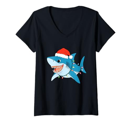 Damen Santa Shark Christmas Lights Sharkmas Tree Xmas T-Shirt für Jungen und Herren T-Shirt mit V-Ausschnitt Damen Santa Shark Christmas Lights Sharkmas Tree Xmas T-Shirt für Jungen und Herren T-Shirt mit V-Ausschnitt von Funny Santa Shark Christmas