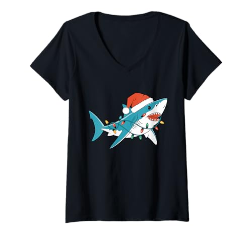 Damen Santa Shark Christmas Lights Sharkmas Tree Xmas T-Shirt für Jungen und Herren T-Shirt mit V-Ausschnitt Damen Santa Shark Christmas Lights Sharkmas Tree Xmas T-Shirt für Jungen und Herren T-Shirt mit V-Ausschnitt von Funny Santa Shark Christmas