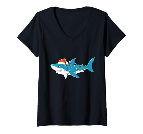 Damen Santa Shark Christmas Lights Sharkmas Tree Xmas T-Shirt für Jungen und Herren T-Shirt mit V-Ausschnitt Damen Santa Shark Christmas Lights Sharkmas Tree Xmas T-Shirt für Jungen und Herren T-Shirt mit V-Ausschnitt von Funny Santa Shark Christmas