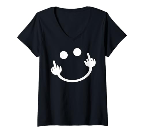 Damen Smile Face Mittelfinger Lustiges Meme Sarkasmus T-Shirt mit V-Ausschnitt Damen Smile Face Mittelfinger Lustiges Meme Sarkasmus T-Shirt mit V-Ausschnitt von Funny Sarcastic Awesome Vibes