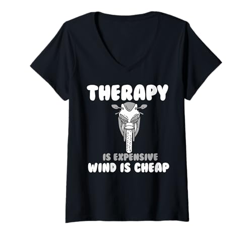 Damen Therapie ist teuer Wind ist billig lustig Motorradfahren T-Shirt mit V-Ausschnitt von Funny Sarcastic Biker Gifts For Motorcyclists