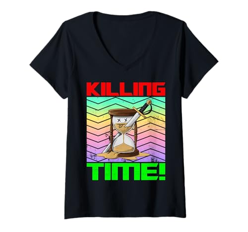 Damen Illustration der Zeitverschwendung in Einer Sanduhr im Kawaii Okatu-Stil T-Shirt mit V-Ausschnitt Damen Illustration der Zeitverschwendung in Einer Sanduhr im Kawaii Okatu-Stil T-Shirt mit V-Ausschnitt von Funny Sarcastic Humorous Quotes Design
