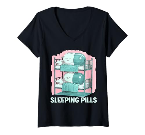 Damen Kawaii Otaku Style Schlaftabletten Pastell Rosa Grünlich Weiß T-Shirt mit V-Ausschnitt Damen Kawaii Otaku Style Schlaftabletten Pastell Rosa Grünlich Weiß T-Shirt mit V-Ausschnitt von Funny Sarcastic Humorous Quotes Design