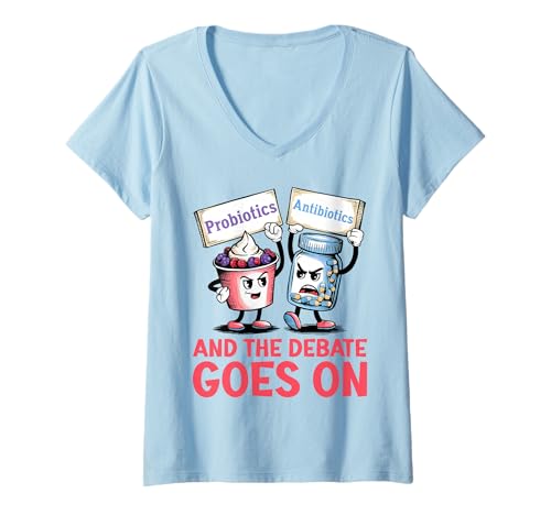 Damen Niedlicher Kawaii Okatu Stil Cartoon von Probiotika Antibiotika T-Shirt mit V-Ausschnitt Damen Niedlicher Kawaii Okatu Stil Cartoon von Probiotika Antibiotika T-Shirt mit V-Ausschnitt von Funny Sarcastic Humorous Quotes Design