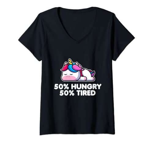 Damen Hungry And Tired Funny Cute Lazy Chill Einhorn T-Shirt mit V-Ausschnitt Damen Hungry And Tired Funny Cute Lazy Chill Einhorn T-Shirt mit V-Ausschnitt von Funny Sarcastic Monday Morning Attitude Gifts