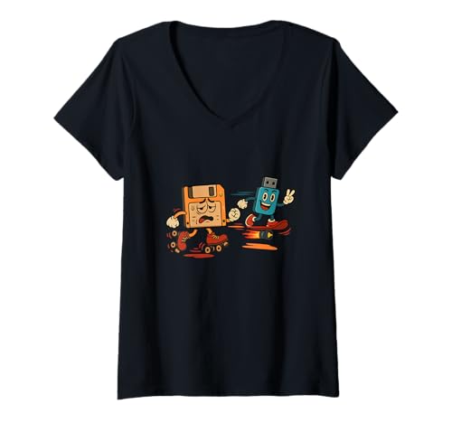 Damen Retro-Diskette gegen USB-Laufwerk — Sarkastischer 80er-Scherzsarkasmus T-Shirt mit V-Ausschnitt Damen Retro-Diskette gegen USB-Laufwerk — Sarkastischer 80er-Scherzsarkasmus T-Shirt mit V-Ausschnitt von Funny Sarcastic Shirts