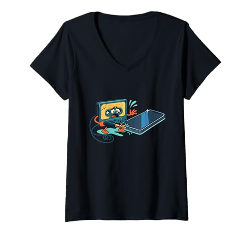 Damen Retro-Kassettenband gegen USB-Port – sarkastischer 70er-Jahre-Scherz-Sarkasmus T-Shirt mit V-Ausschnitt von Funny Sarcastic Shirts