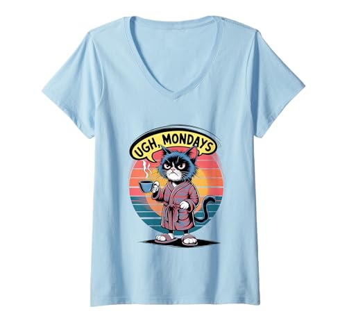 Damen Ugh Mondays Funny Cat Coffee Lovers Employees Students Humor T-Shirt mit V-Ausschnitt von Funny Sarcastic Ugh Mondays Employee Student Gifts