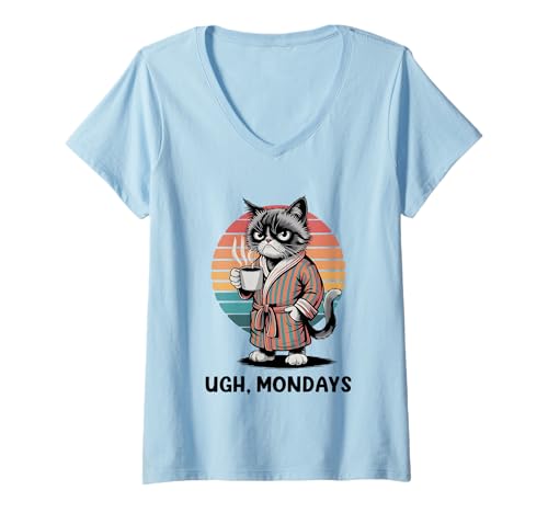 Damen Ugh Mondays Funny Cat Coffee Lovers Employees Students Humor T-Shirt mit V-Ausschnitt von Funny Sarcastic Ugh Mondays Employee Student Gifts