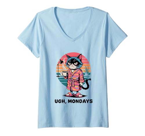 Damen Ugh Mondays Funny Cat Coffee Lovers Employees Students Humor T-Shirt mit V-Ausschnitt von Funny Sarcastic Ugh Mondays Employee Student Gifts