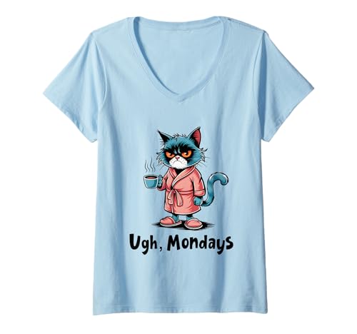 Damen Ugh Mondays Funny Cat Coffee Lovers Employees Students Humor T-Shirt mit V-Ausschnitt von Funny Sarcastic Ugh Mondays Employee Student Gifts