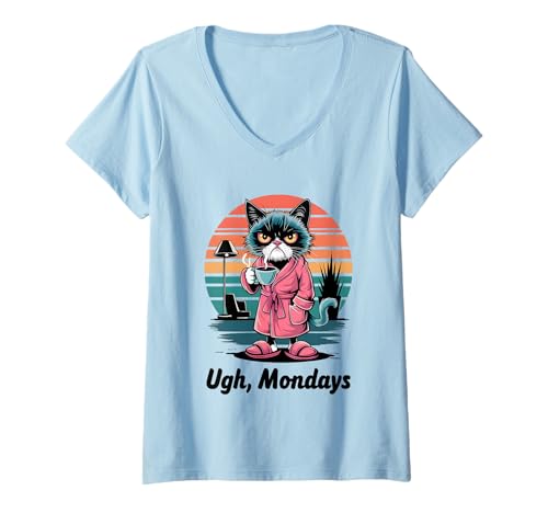 Damen Ugh Mondays Funny Cat Coffee Lovers Employees Students Humor T-Shirt mit V-Ausschnitt von Funny Sarcastic Ugh Mondays Employee Student Gifts
