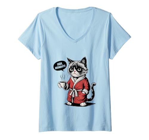 Damen Ugh Mondays Funny Cat Coffee Lovers Employees Students Humor T-Shirt mit V-Ausschnitt von Funny Sarcastic Ugh Mondays Employee Student Gifts
