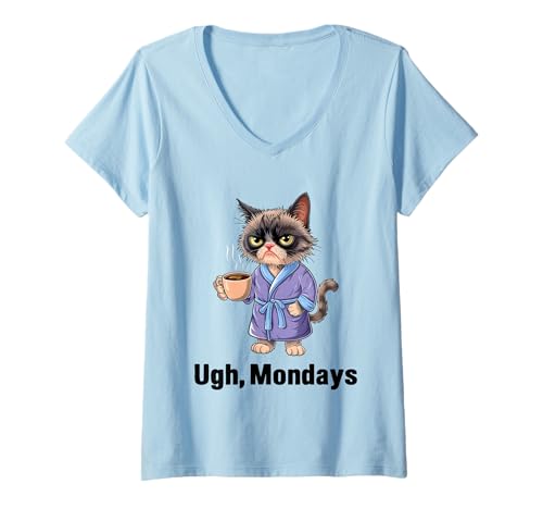 Damen Ugh Mondays Funny Cat Coffee Lovers Employees Students Humor T-Shirt mit V-Ausschnitt von Funny Sarcastic Ugh Mondays Employee Student Gifts