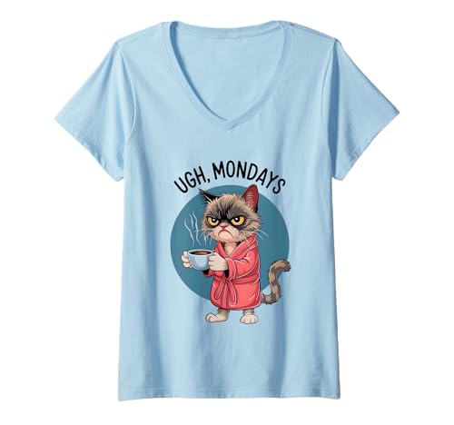 Damen Ugh Mondays Funny Cat Coffee Lovers Employees Students Humor T-Shirt mit V-Ausschnitt von Funny Sarcastic Ugh Mondays Employee Student Gifts
