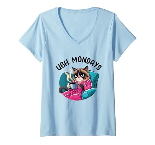 Damen Ugh Mondays Funny Cat Coffee Lovers Employees Students Humor T-Shirt mit V-Ausschnitt von Funny Sarcastic Ugh Mondays Employee Student Gifts