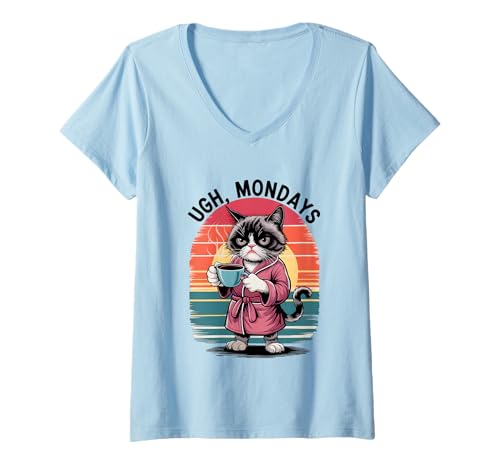 Damen Ugh Mondays Funny Cat Coffee Lovers Employees Students Humor T-Shirt mit V-Ausschnitt von Funny Sarcastic Ugh Mondays Employee Student Gifts