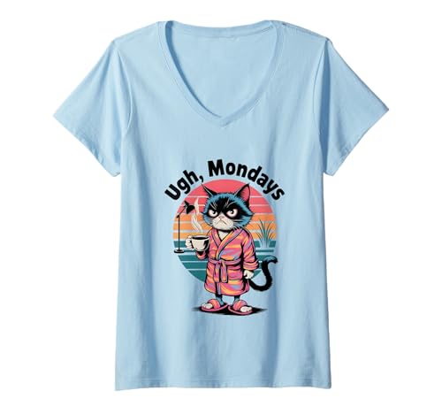 Damen Ugh Mondays Funny Cat Coffee Lovers Employees Students Humor T-Shirt mit V-Ausschnitt von Funny Sarcastic Ugh Mondays Employee Student Gifts