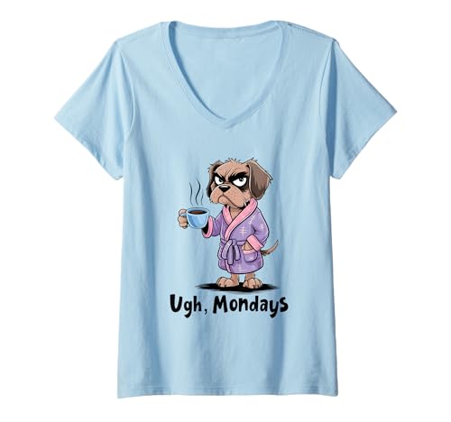 Damen Ugh Mondays Funny Dog Coffee Lovers Employees Students Humor T-Shirt mit V-Ausschnitt von Funny Sarcastic Ugh Mondays Employee Student Gifts