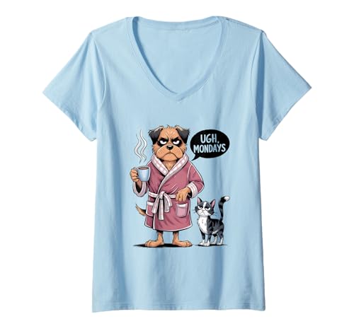 Damen Ugh Mondays Funny Dog Coffee Lovers Employees Students Humor T-Shirt mit V-Ausschnitt von Funny Sarcastic Ugh Mondays Employee Student Gifts