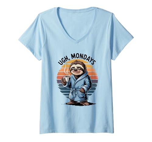 Damen Ugh Mondays Funny Sloth Coffee Lovers Employees Students T-Shirt mit V-Ausschnitt von Funny Sarcastic Ugh Mondays Employee Student Gifts