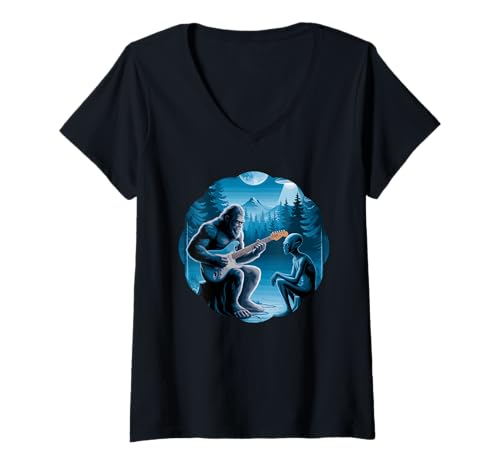 Damen Alien & Bigfoot, Gitarren- und Gitarrenliebhaber T-Shirt mit V-Ausschnitt Damen Alien & Bigfoot, Gitarren- und Gitarrenliebhaber T-Shirt mit V-Ausschnitt von Funny Sasquatch Lover Gift Ideas & Graphics