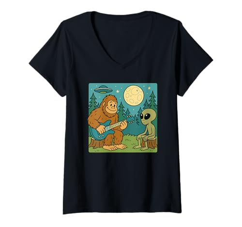 Damen Alien & Bigfoot, für Kinder | Gitarrenliebhaber & Gitarre T-Shirt mit V-Ausschnitt Damen Alien & Bigfoot, für Kinder | Gitarrenliebhaber & Gitarre T-Shirt mit V-Ausschnitt von Funny Sasquatch Lover Gift Ideas & Graphics