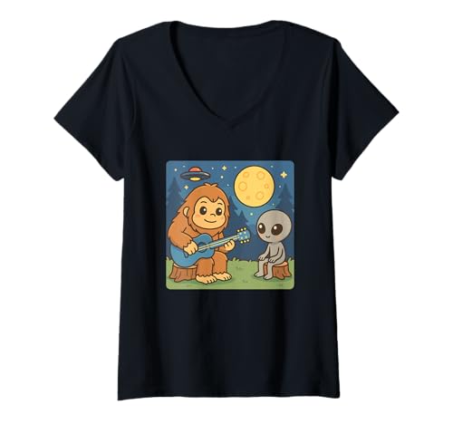 Damen Bigfoot & Alien, für Kinder | Gitarrenliebhaber & Gitarre, Kawaii T-Shirt mit V-Ausschnitt Damen Bigfoot & Alien, für Kinder | Gitarrenliebhaber & Gitarre, Kawaii T-Shirt mit V-Ausschnitt von Funny Sasquatch Lover Gift Ideas & Graphics
