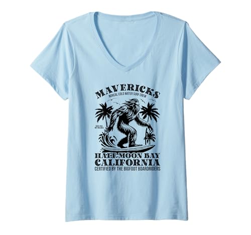Damen Bigfoot Mavericks Norcal Surf Crew Half Moon Bay T-Shirt mit V-Ausschnitt Damen Bigfoot Mavericks Norcal Surf Crew Half Moon Bay T-Shirt mit V-Ausschnitt von Funny Sasquatch Rider Mavericks Meme